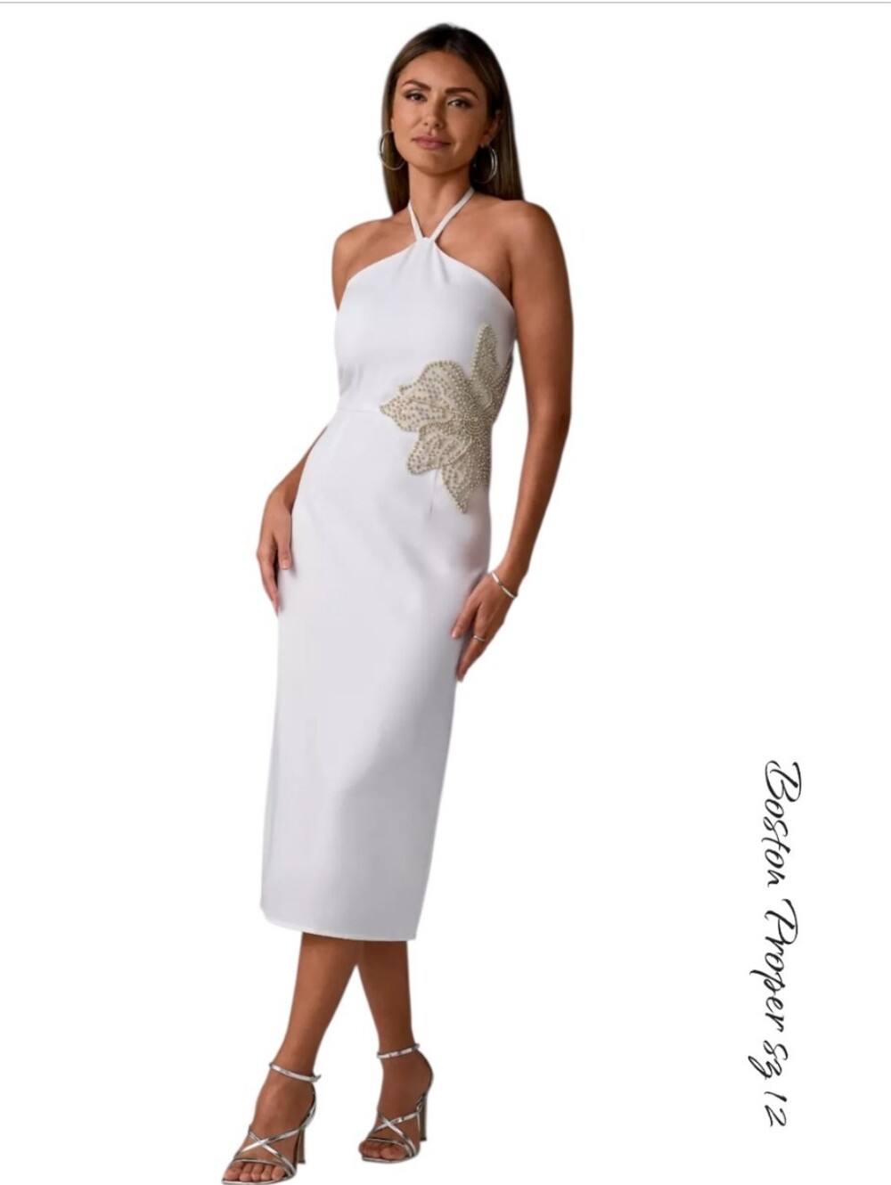 Boston Proper Pearl Embellished Flower Halter Column Dress White 12